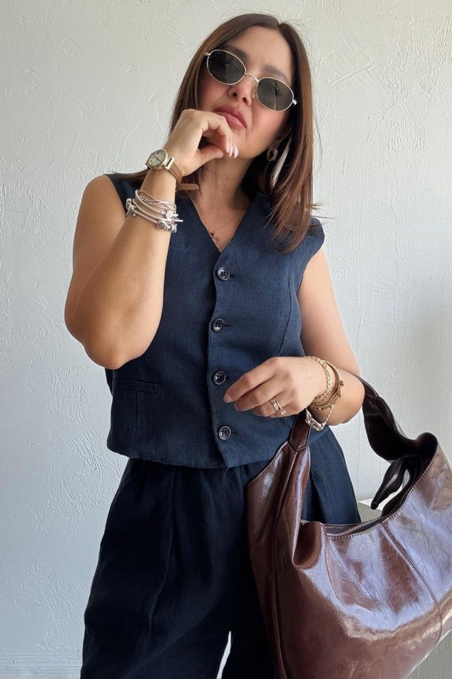 Cream Rouge Костюм За Жилетка Salaş Тъмно Дрехи на едро Лен