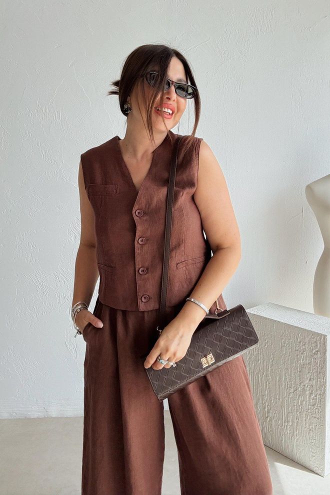 Cream Rouge Salaş Vest Suit Brown Wholesale Clothing Linen