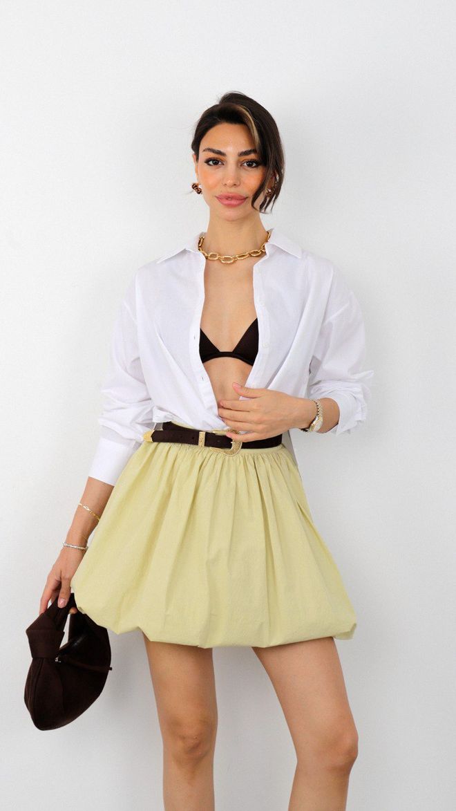 Cream Rouge Μπεζ Μίνι Φούστα Paper Bag Με Ψηλόμεσο Χονδρικό εμπόριο ενδυμάτων Casual