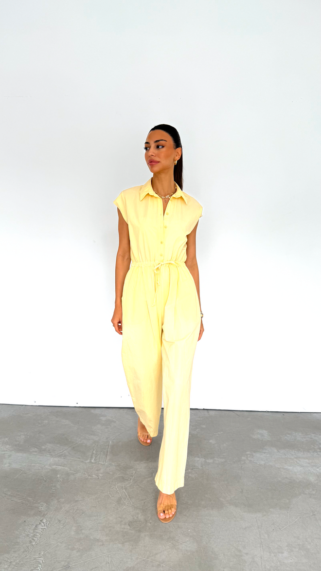 Cream Rouge Yellow Shirt Jumpsuit Sleeveless Casual Elegant Wholesale Clothing Casual