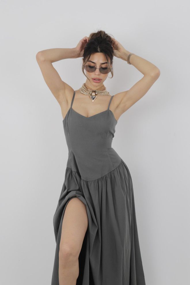 Cream Rouge Szary Seksowny Casual Elegancki Formalny Maxi Sukienka Halka Bez Rękawów Kochana Szyja Hurtowa sprzedaż odzieży Casual