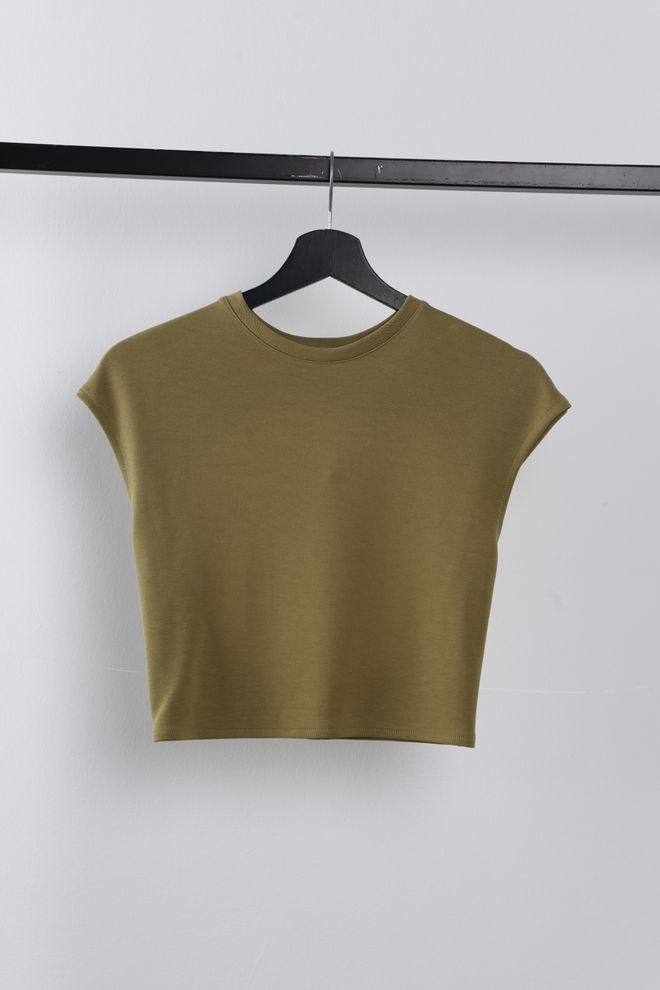 Cream Rouge Crop Détaillé Au Dos Vert Olive Vêtements en gros Décontracté