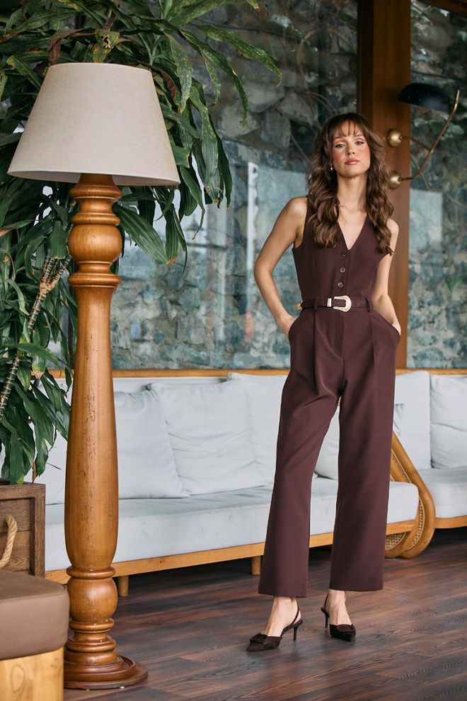 Cream Rouge Jumpsuit With Belt Brown Wholesale Clothing Formal