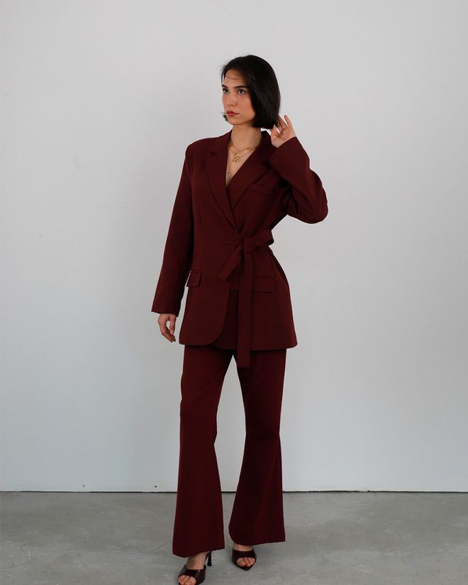 Cream Rouge Veste À Cravate Latérale Rouge Bordeaux Vêtements en gros Élégant