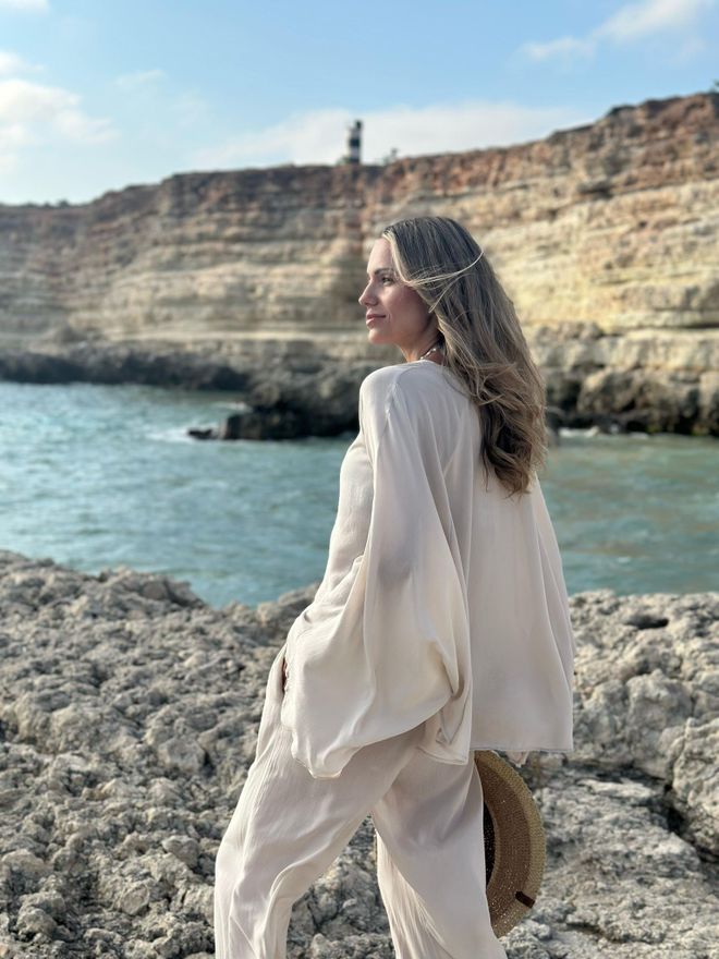 Cream Rouge Beige Shirt Modest Oversized Long Sleeve Buttoned Wholesale Clothing Summer