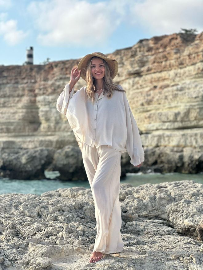 Cream Rouge Πουκάμισο Μπεζ Σεμνό Φαρδύ Μακρύ Μανίκι Κουμπιά Χονδρικό εμπόριο ενδυμάτων 5