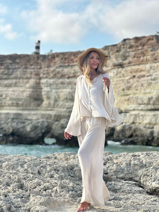 Cream Rouge Beige Shirt Modest Oversized Long Sleeve Buttoned Wholesale Clothing Work