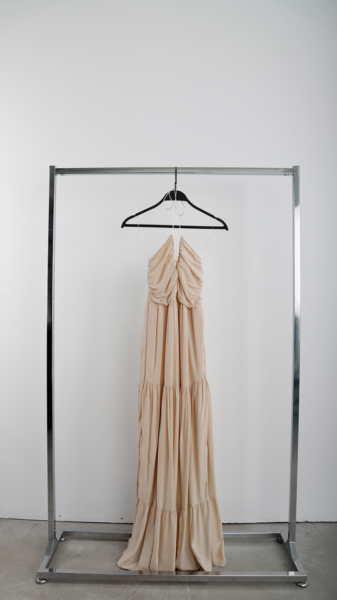 Cream Rouge Elegant Beige Slip Dress With Halter Neck Wholesale Clothing Elegant