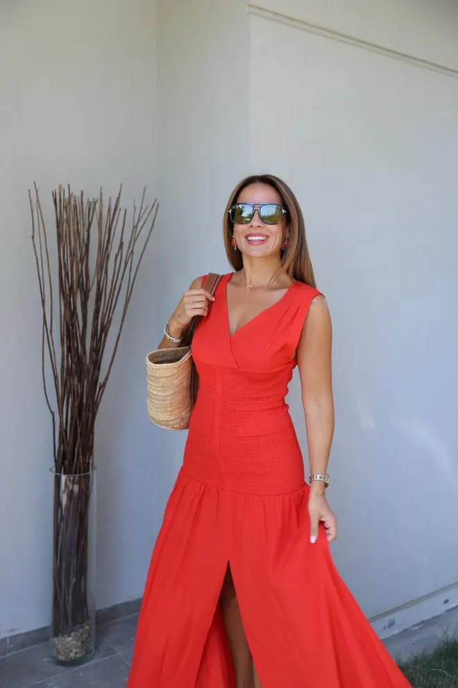 Cream Rouge Vestido Rojo Maxi Ajustado Con Escote En V Ropa al por mayor Casual