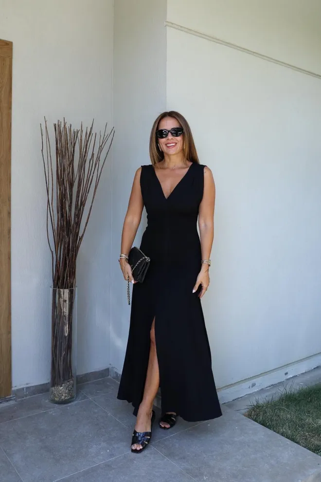 Cream Rouge Elegante Vestido Negro Maxi Con Escote En V Ropa al por mayor Sexy