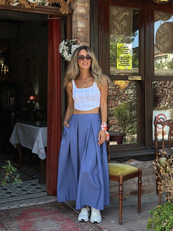 Cream Rouge Falda Plisada Maxi Azul Con Bolsillos En Bies Ropa al por mayor Modesto