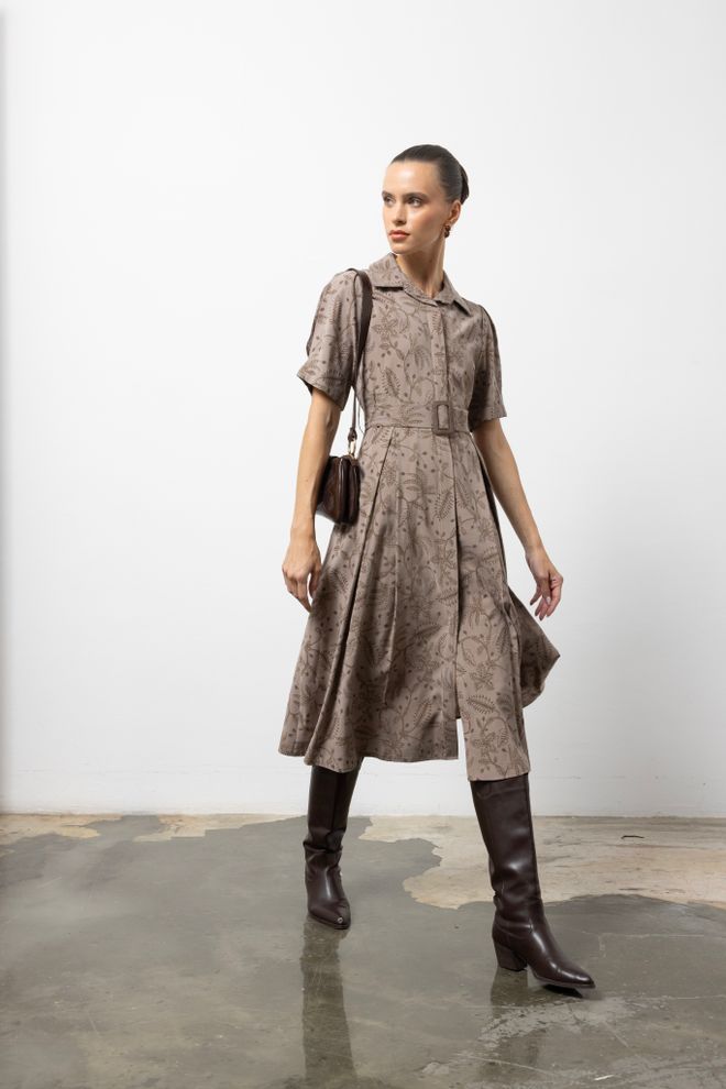 Cream Rouge Рокля Риза Кафява Винтидж Цветя Миди С Шал Яка Дрехи на едро 1