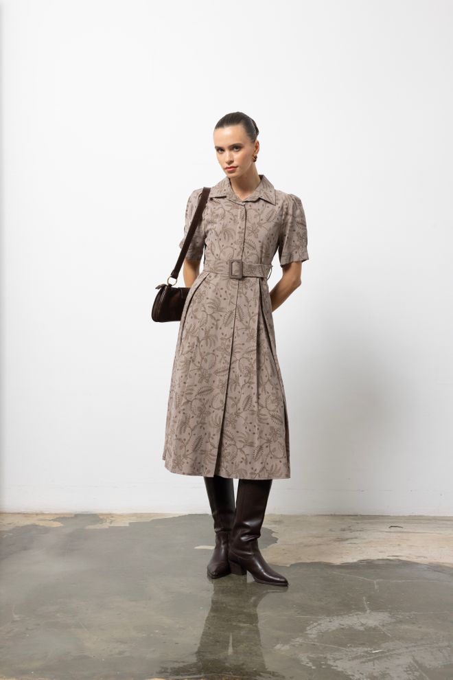 Cream Rouge Рокля Риза Кафява Винтидж Цветя Миди С Шал Яка Дрехи на едро 5