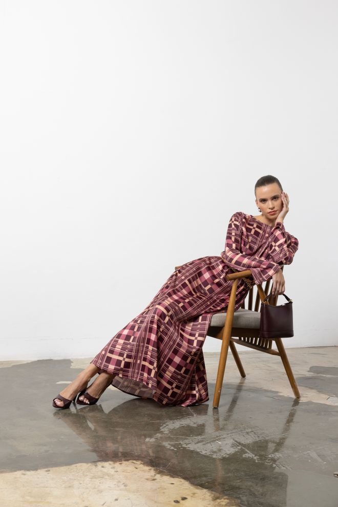Cream Rouge Roza Karirasta Elegantna Maxi Obleka A linije Z Dolgimi Rokavi Oblačila na debelo Formalno