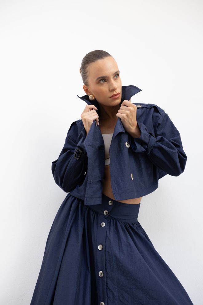 Cream Rouge Navy Blue Double Breasted Crop Coat Wholesale Clothing 1