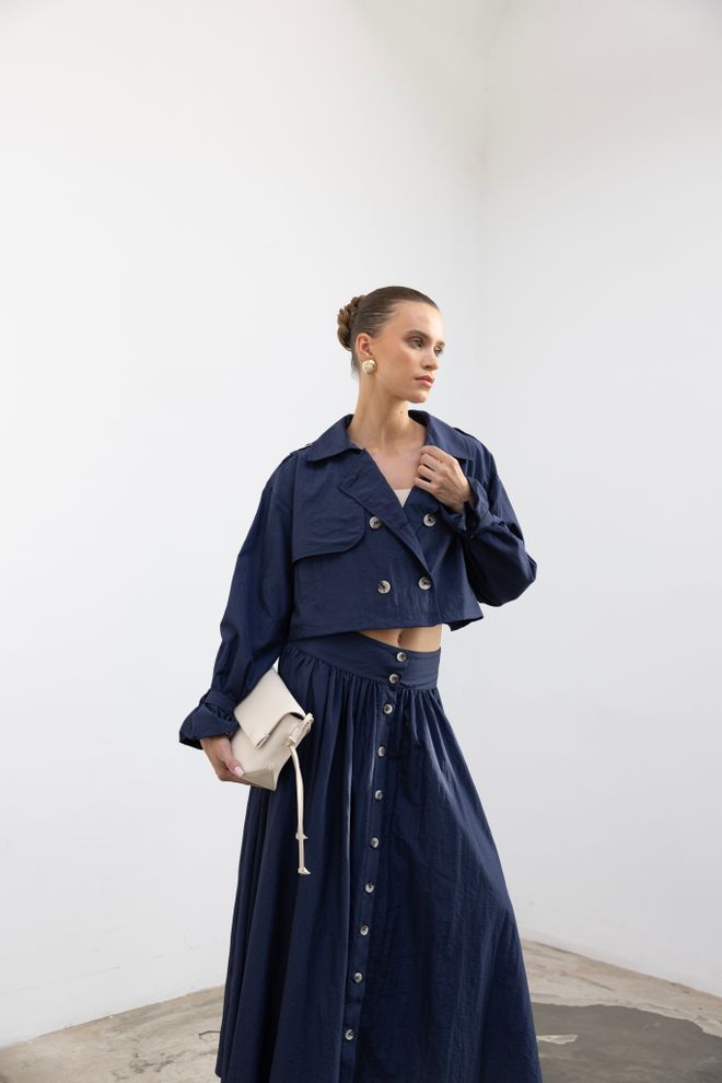 Cream Rouge Navy Blue Double Breasted Crop Coat Wholesale Clothing Work