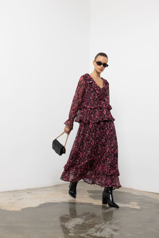 Cream Rouge Crna Elegantna Cvjetna Maxi Haljina A kroj S V izrezom I Dugim Rukavima Veleprodaja odjeće Boho