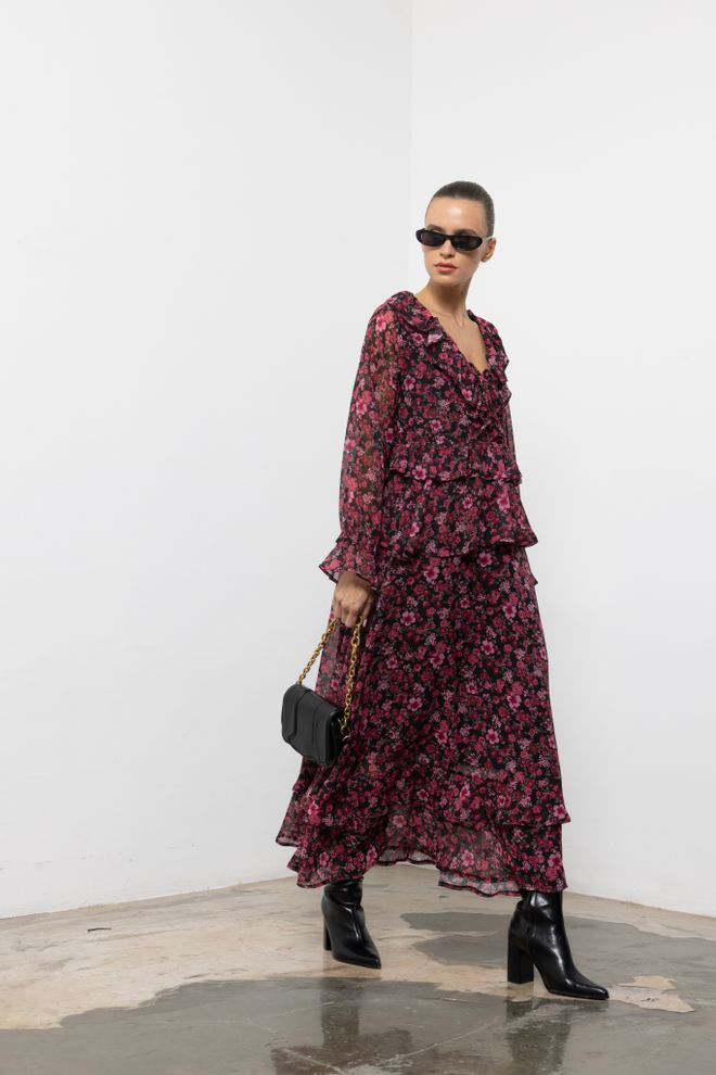 Cream Rouge Black Elegant Floral Maxi A Line Dress V Neck Long Sleeve Wholesale Clothing 1