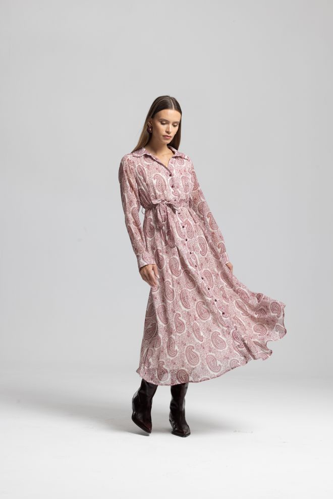 Cream Rouge Ružičasta Vintage Paisley Košulja Midi Haljina Dugi Rukavi Veleprodaja odjeće Ležerni