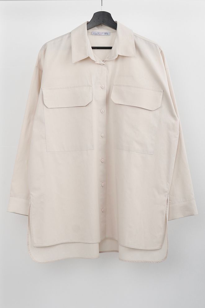Cream Rouge Μπεζ Casual Πουκάμισο Με Μεγάλο Μέγεθος Και Γιακά Πόλο Χονδρικό εμπόριο ενδυμάτων Casual