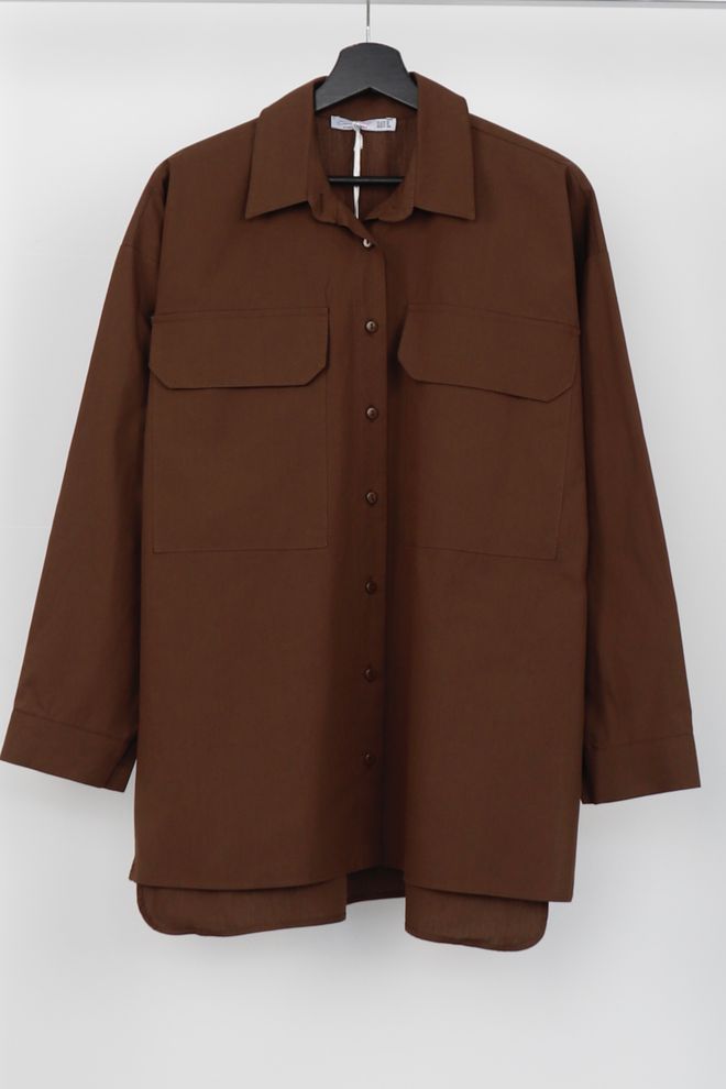Cream Rouge Bruin Casual Formeel Vintage Shirt Met Geribbelde Hals Groothandel Kleding Casual