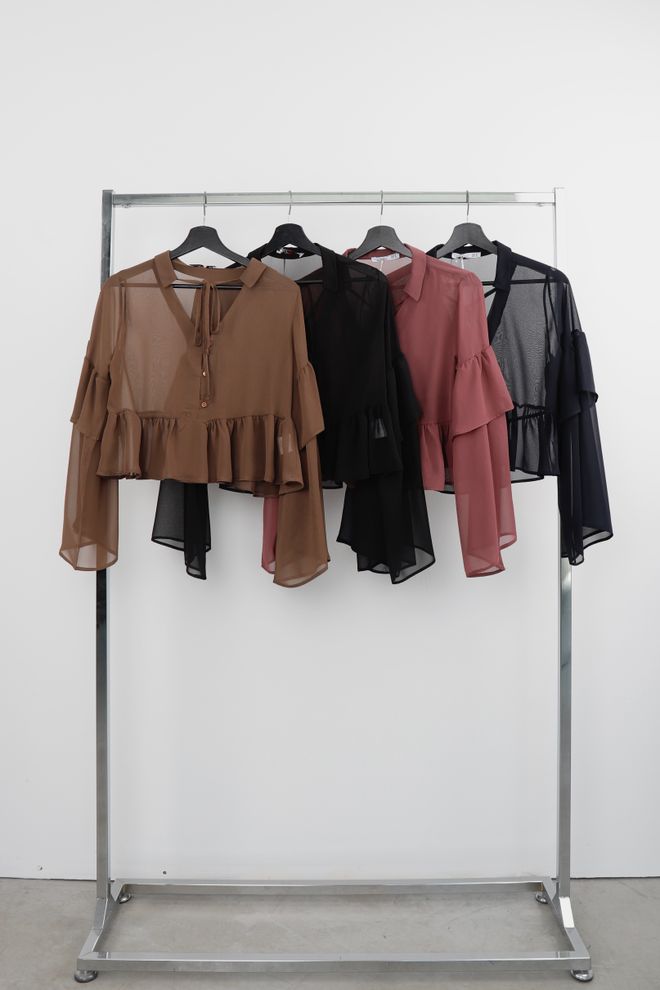 Cream Rouge Brown Boho Crop Shirt With Ruffle Sleeves Wholesale Clothing 1