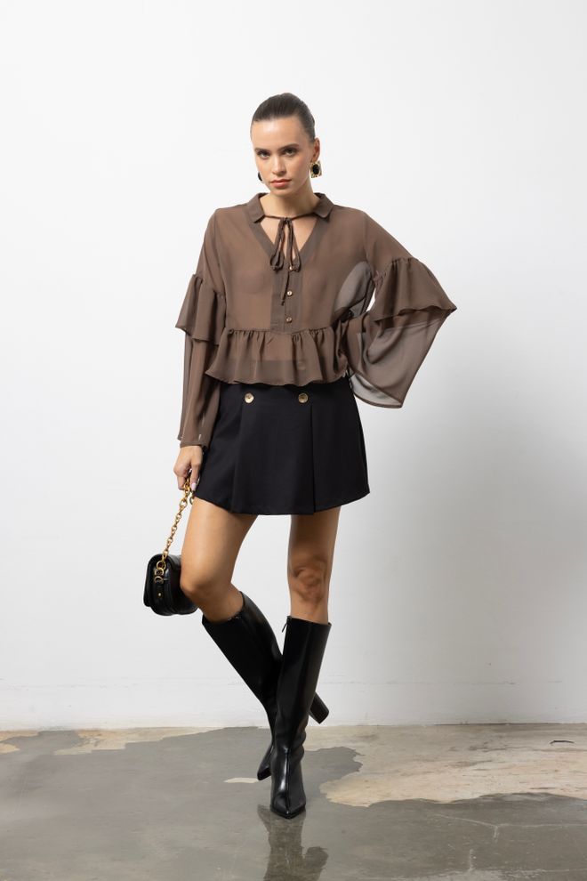 Cream Rouge Brown Boho Crop Shirt With Ruffle Sleeves Wholesale Clothing Winter