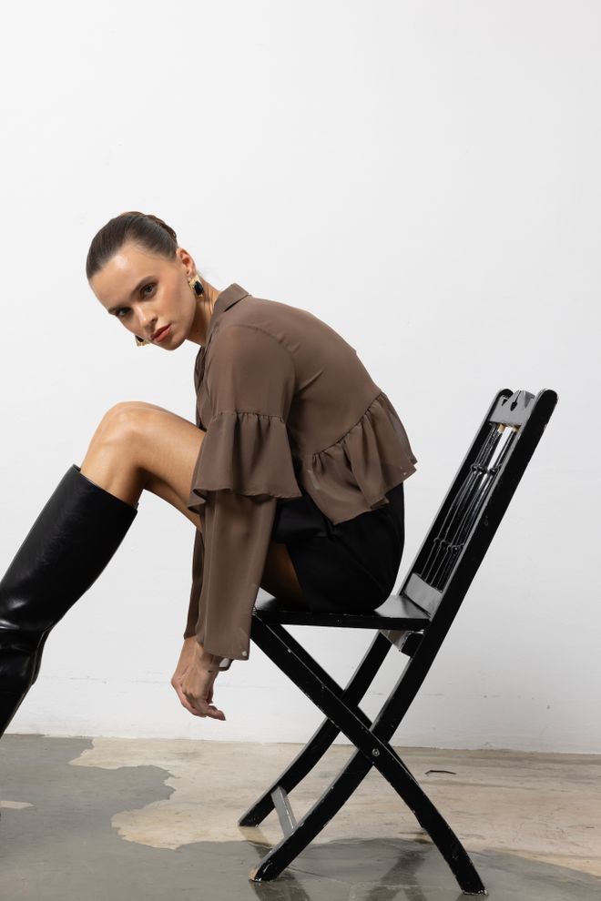 Cream Rouge Brown Boho Crop Shirt With Ruffle Sleeves Wholesale Clothing Boho