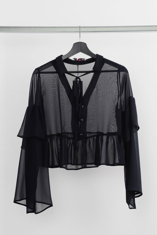 Cream Rouge Zwart Shirt Met Lange Mouwen Met Ruches & V hals Elegant Casual Groothandel Kleding Casual