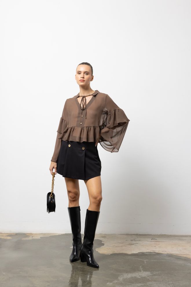 Cream Rouge Black Shirt With Ruffle Long Sleeves & V Neck Elegant Casual Wholesale Clothing Birthday