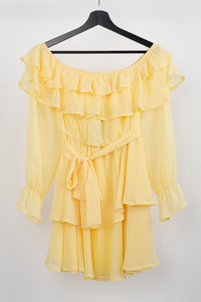 Cream Rouge Gelbes Elegantes Schulterfreies A Linien Mini Kleid Großhandelskleidung Lässig