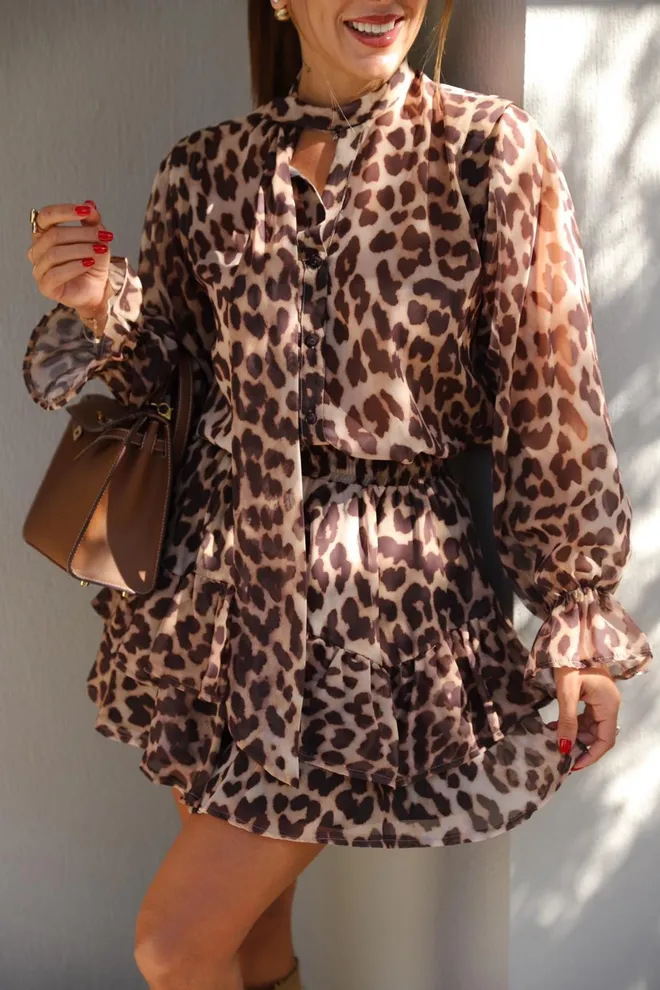 Cream Rouge Bruine Blouse Met Dierenprint En Pofmouwen Groothandel Kleding Werk