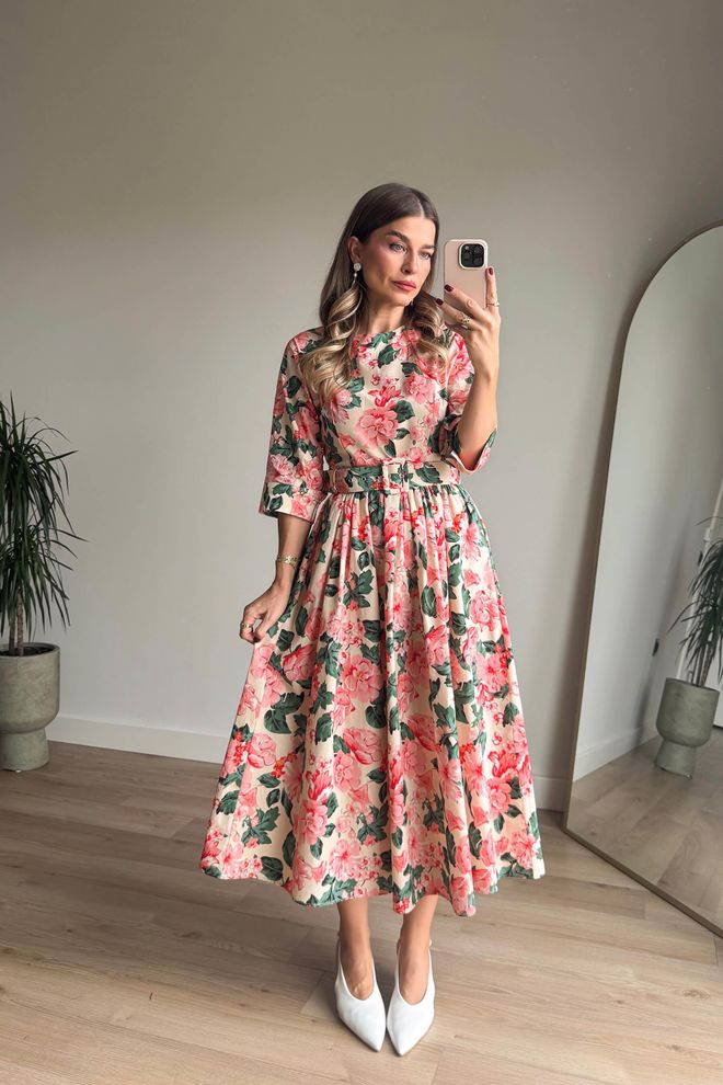 Cream Rouge Elegante Vestito Rosa Midi A line Con Motivo Floreale Abbigliamento all'ingrosso Modesto