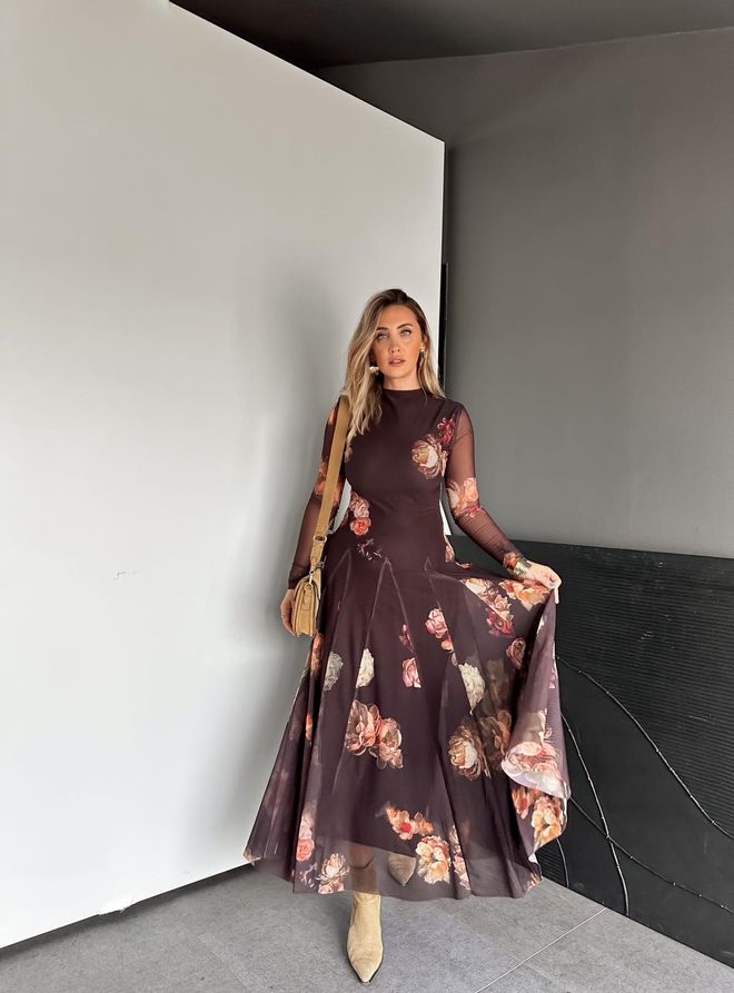 Cream Rouge Rjava Elegantna Cvetlična Obleka A linija Maxi Oblačila na debelo 1