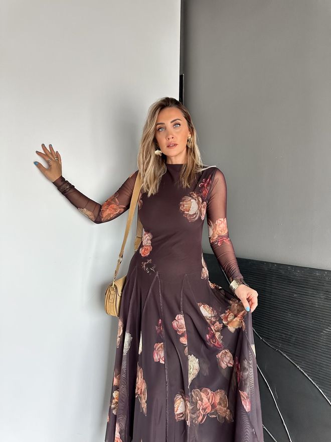 Cream Rouge Rjava Elegantna Cvetlična Obleka A linija Maxi Oblačila na debelo Delo