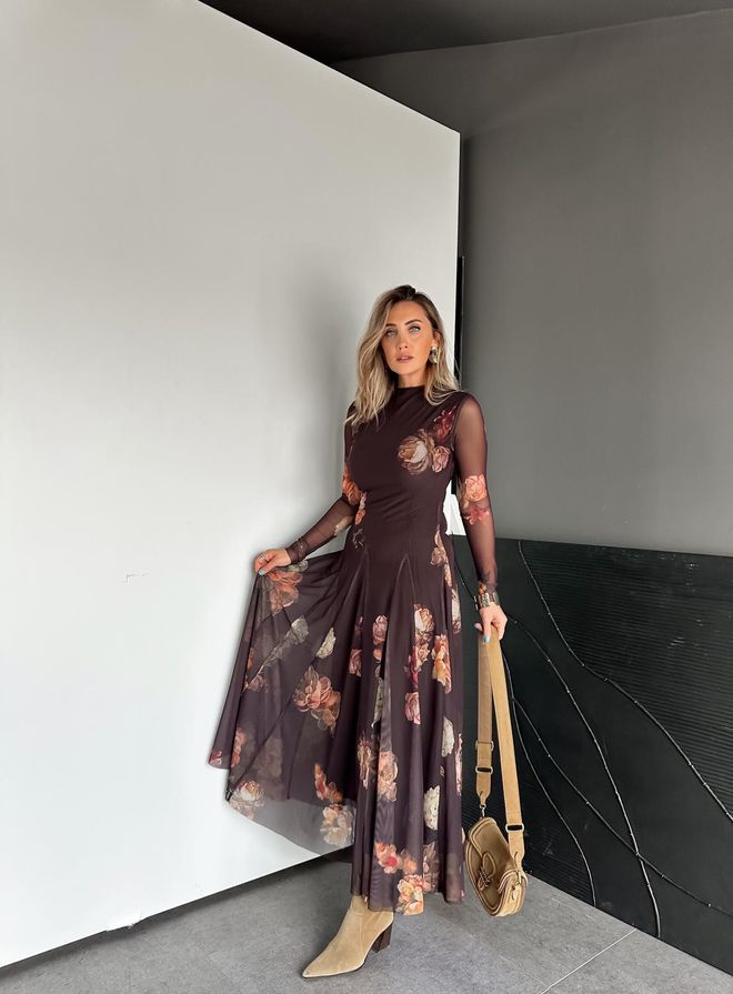 Cream Rouge Rjava Elegantna Cvetlična Obleka A linija Maxi Oblačila na debelo Zima