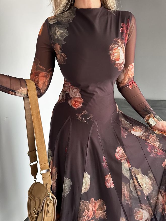 Cream Rouge Rjava Elegantna Cvetlična Obleka A linija Maxi Oblačila na debelo Vintage