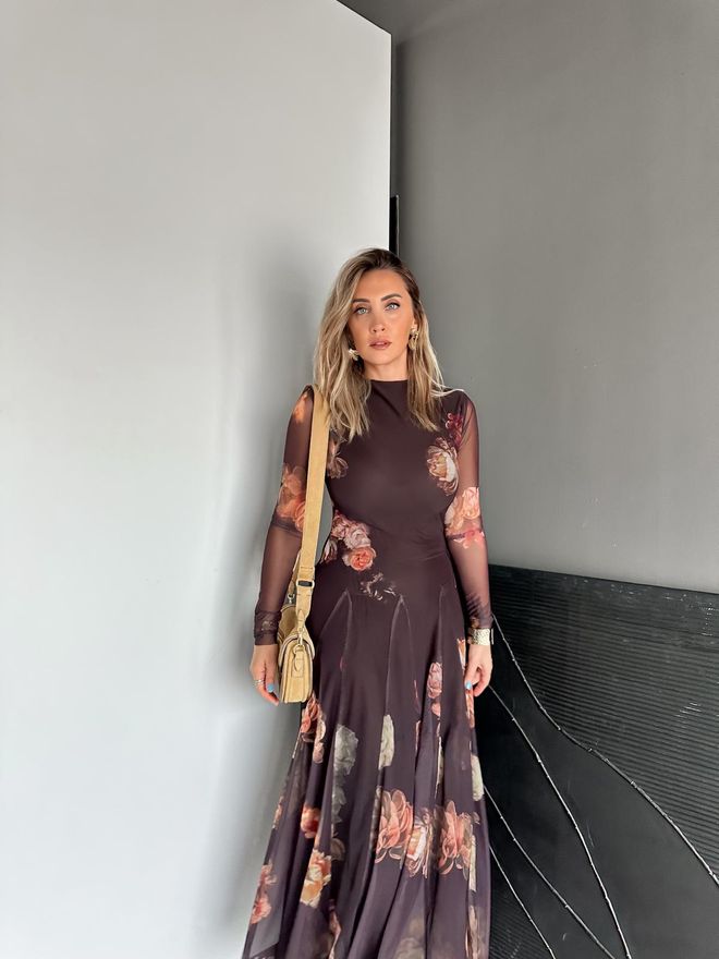 Cream Rouge Rjava Elegantna Cvetlična Obleka A linija Maxi Oblačila na debelo 5