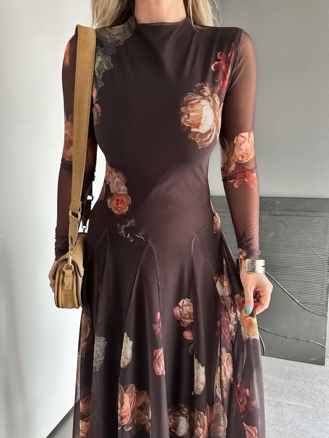 Cream Rouge Rjava Elegantna Cvetlična Obleka A linija Maxi Oblačila na debelo Koktajl