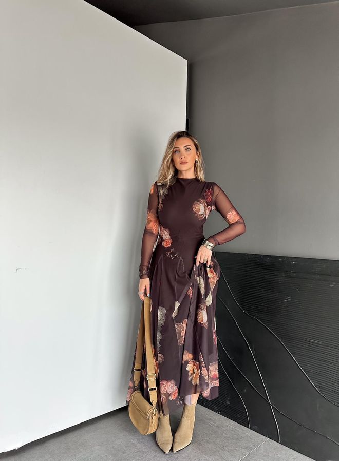 Cream Rouge Καφέ Κομψό Floral Φόρεμα A Line Μάξι Χονδρικό εμπόριο ενδυμάτων Απλό