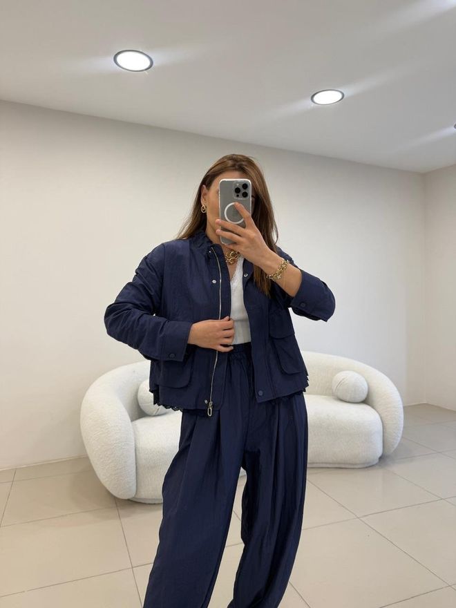 Cream Rouge Navy Blue Bomber Coat With Zip Up Closure Wholesale Clothing Lounge