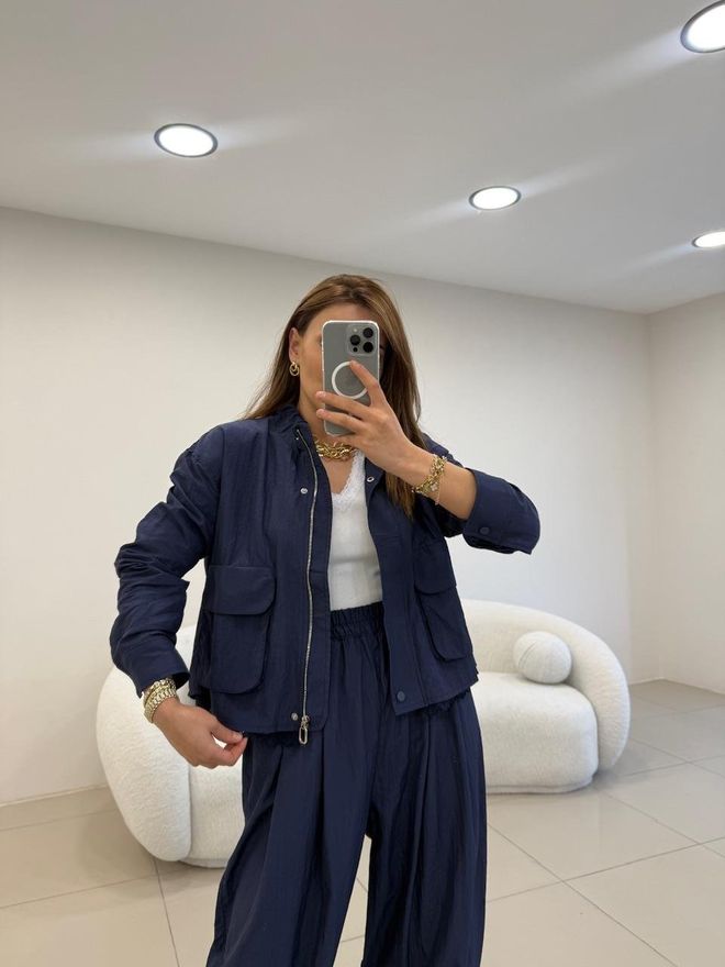 Cream Rouge Navy Blue Bomber Coat With Zip Up Closure Wholesale Clothing Winter