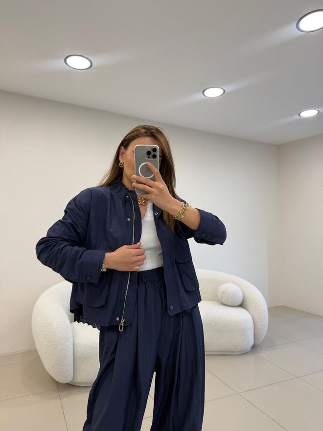 Cream Rouge Navy Blue Bomber Coat With Zip Up Closure Wholesale Clothing Modest