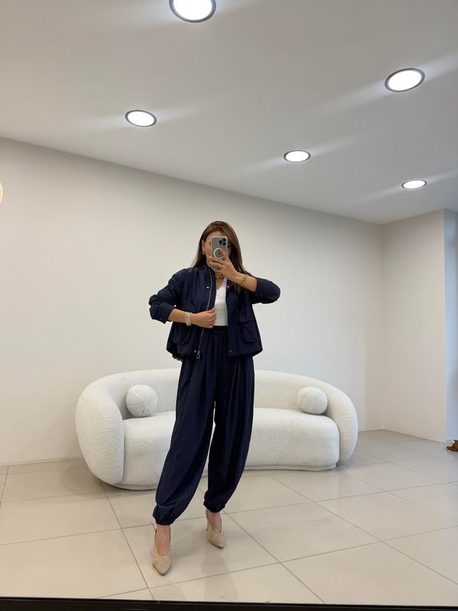 Cream Rouge Navy Blue Bomber Coat With Zip Up Closure Wholesale Clothing 1