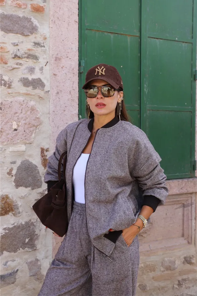 Cream Rouge Grey Bomber Jacket Oversized Fit With Zip Up Closure Wholesale Clothing Sport