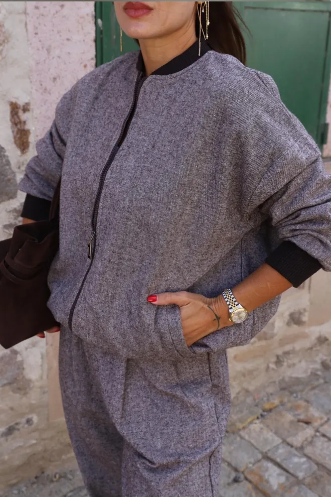 Cream Rouge Grey Bomber Jacket Oversized Fit With Zip Up Closure Wholesale Clothing Winter