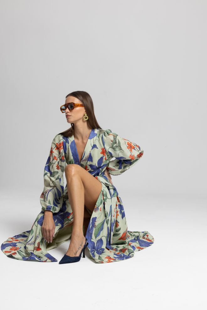 Cream Rouge Vestito Beige Elegante Floreale Wrap Maxi Manica Da Vescovo Abbigliamento all'ingrosso Casuale