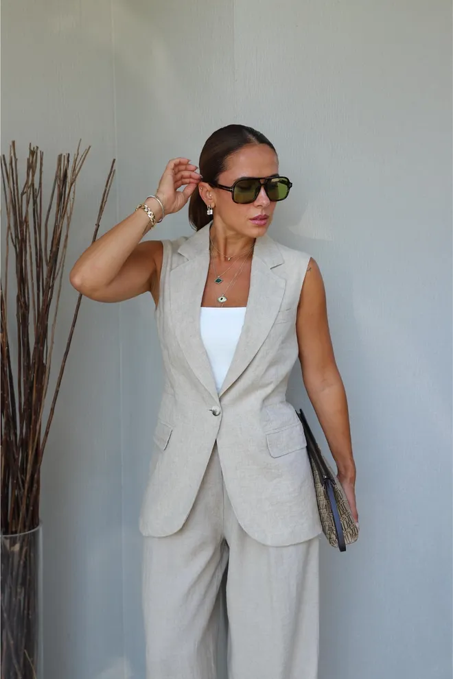 Cream Rouge Chaleco Formal Elegante Beige Con Bolsillos Con Solapa Ropa al por mayor Casual