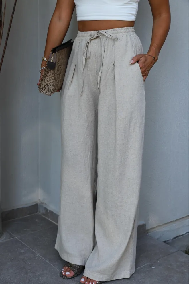 Cream Rouge Beige Wide Leg Palazzo Pants With Drawstring Wholesale Clothing 1