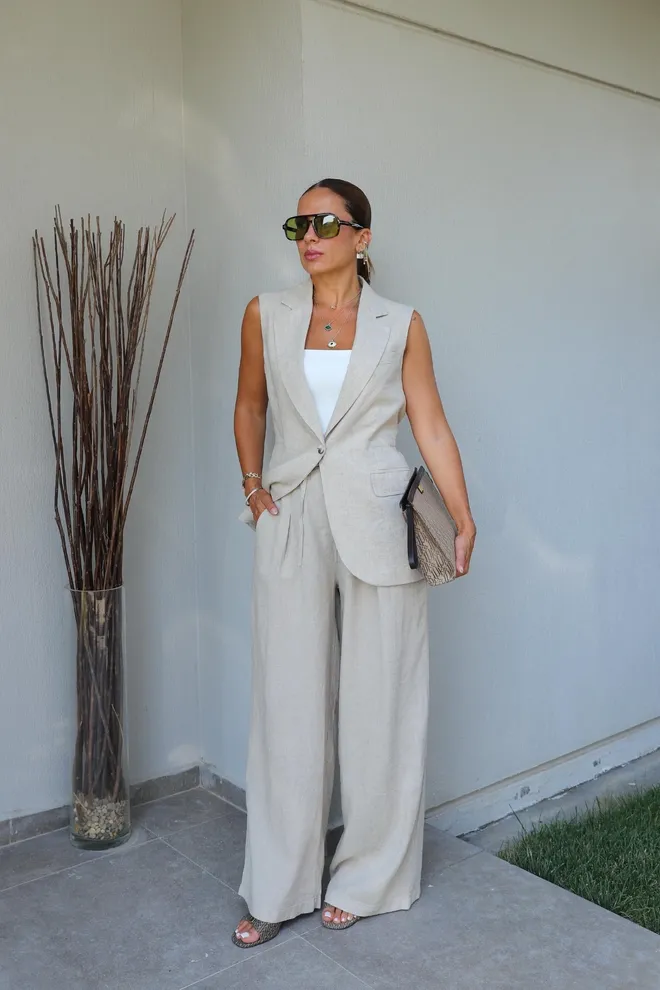 Cream Rouge Beige Wide Leg Palazzo Pants With Drawstring Wholesale Clothing Work